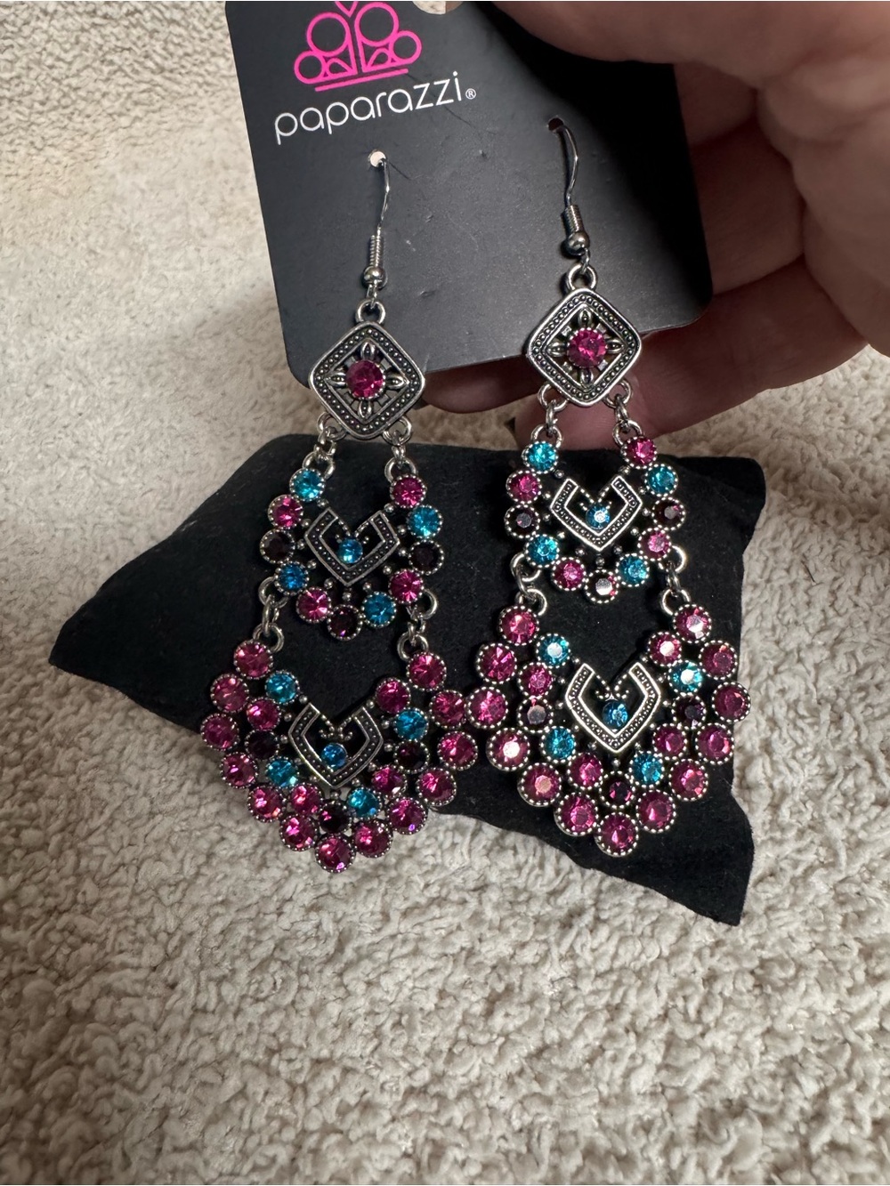 Paparazzi Pink and Teal Crystal Chandelier Earrings
